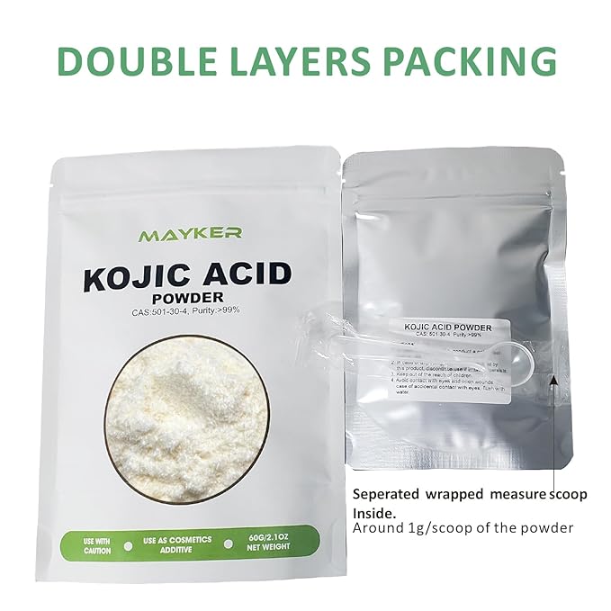MAYKER Pure Kojic Acid Powder 2.1oz (60gram), Skin Whitening Lightening, Natural and Organic, High Purity 99.9%, Diminishes the Appearance of Dark Spots, Freckles & Scars, for DIY Soaps, Creams