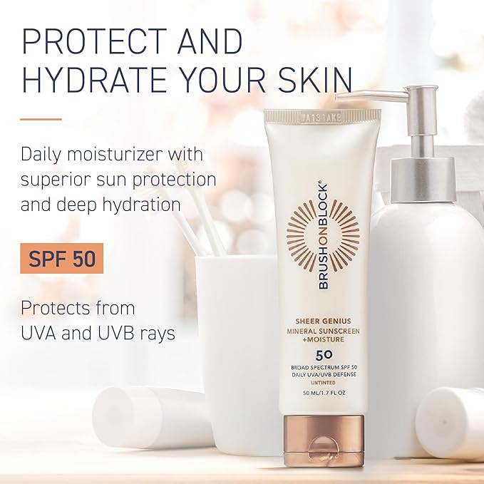 Brush On Block Untinted Mineral Sunscreen SPF 50 for Face | Broad Spectrum, Hyaluronic Acid, Sheer & Non-Greasy Moisturizer for Sensitive Skin, Zinc Oxide Sunscreen, P++++, Made in USA