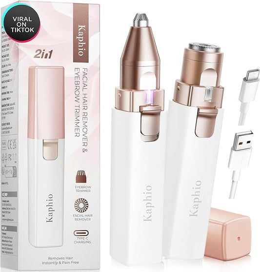 Facial Hair Removal for Women: Electric Eyebrow Trimmer & Hair Removal Device - 2 in 1 Rechargeable Face Shaver Painless Eyebrow Shaper for Upper Lip Chin Peach Fuzz brow (Pink)
