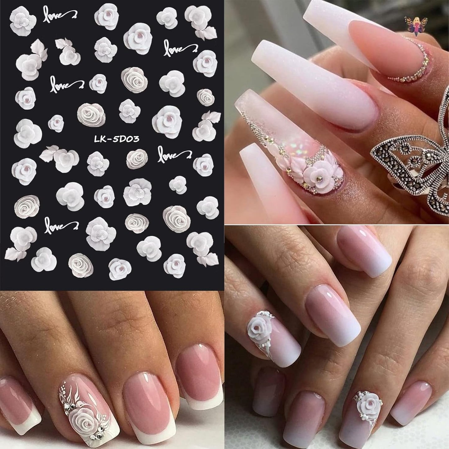 6 Sheets Flower Nail Stickers for Nail Art 5D Embossed Engraved Nails Decals 3D Spring Nails Supplies Accessories Self-Adhesive DIY Design Decoration for Women and Girls