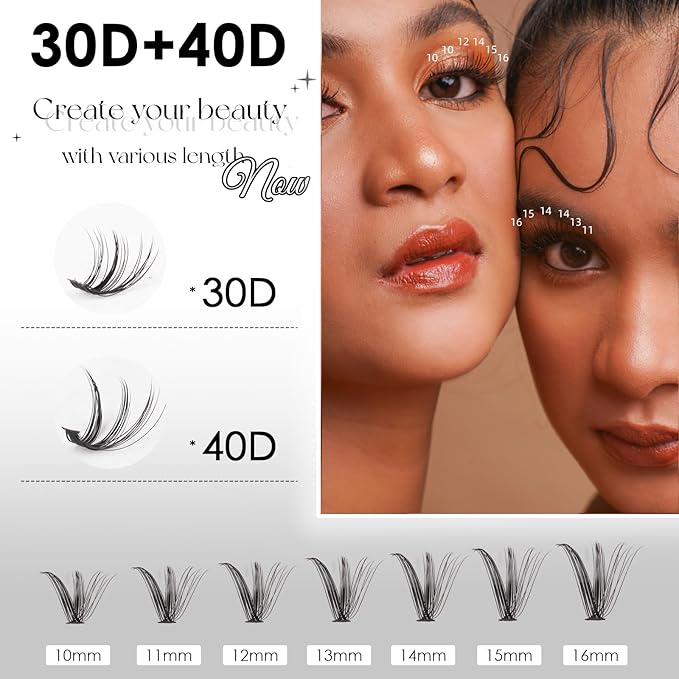 Lash Clusters DIY Lash Extensions Kit 320pcs Individual Lashes Clusters 30D 40D D Curl Eyelash Extension Kit with Applicator and Lash Bond&Seal,Clusters Lash Glue Remover Mix 10-16mm (30D+40D-320 KIT)