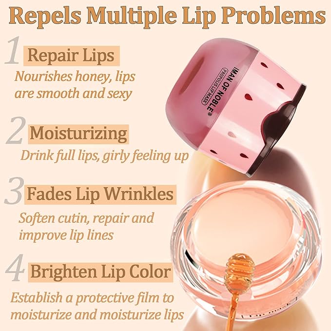 Strawberry Sleeping Lip Mask,Bee Lip Balm Lip Mask Honey Pot Propolis Moisturizing Lip Balm with Stick,Plumping Lip Hydrating Prevention Dry& Cracked Lip Scrubs Exfoliato Lip Wrinkle Care(Strawberry)