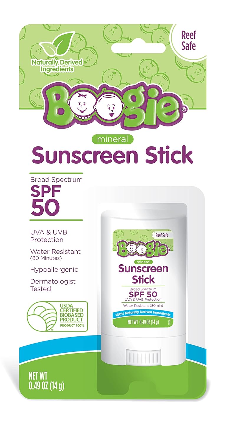 Baby Sunscreen Stick by Boogie Block, Mineral Sunscreen SPF 50, Travel Size Sunblock for Kids, Zinc Oxide, Water Resistant, Vegan, Fragrance Free Pack of 1