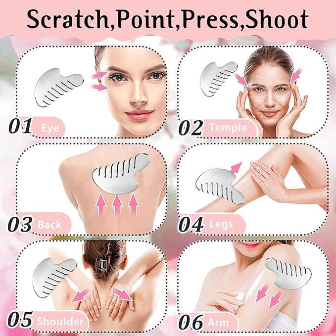 Gua Sha Facial Tool and Face Roller Set, Stainless Steel Lymphatic Drainage Massager for Face, Head, Eyes, Chin and Jaw, Lifting, Massage Scraping with Travel Pouch