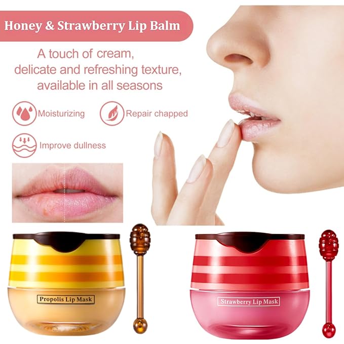Bee Lip Balm Honey Pot,Honey Lip Mask Propolis Moisturizing Lip Balm with Stick,Hydrating and Prevention Dry and Cracked Lip Scrubs Exfoliator (2 PCS, Honey & Strawberry)