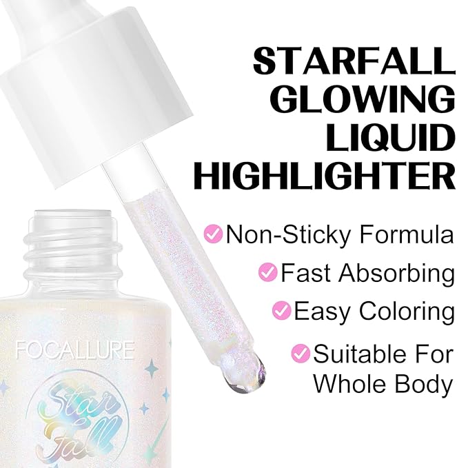 FOCALLURE Starfall Glowing Liquid Highlighter, Shimmering Body Oil, Non-Sticky Shimmer Liquid Luminizer, Non-Greasy, Face & Body Glitter Makeup for Costumes, Cosplay, Rave Festival, CYPRIDINA