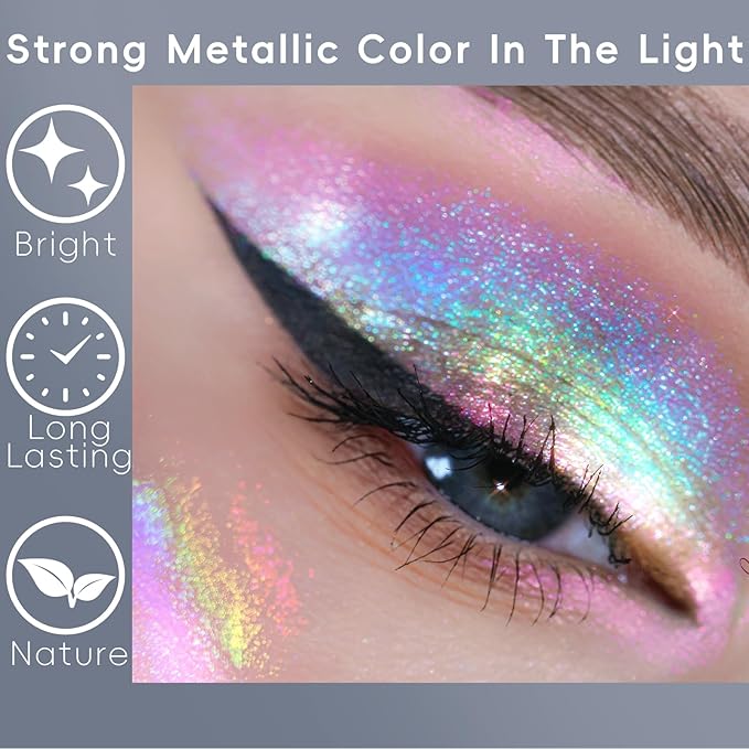 Chameleon Face Highlighter Palette, Glitter Metallic Rainbow Eyeshadow Holographic Sparkling Long Lasting Color Shifting Inner Corner Eye Brightener Illuminator Shimmer Highlighter Makeup