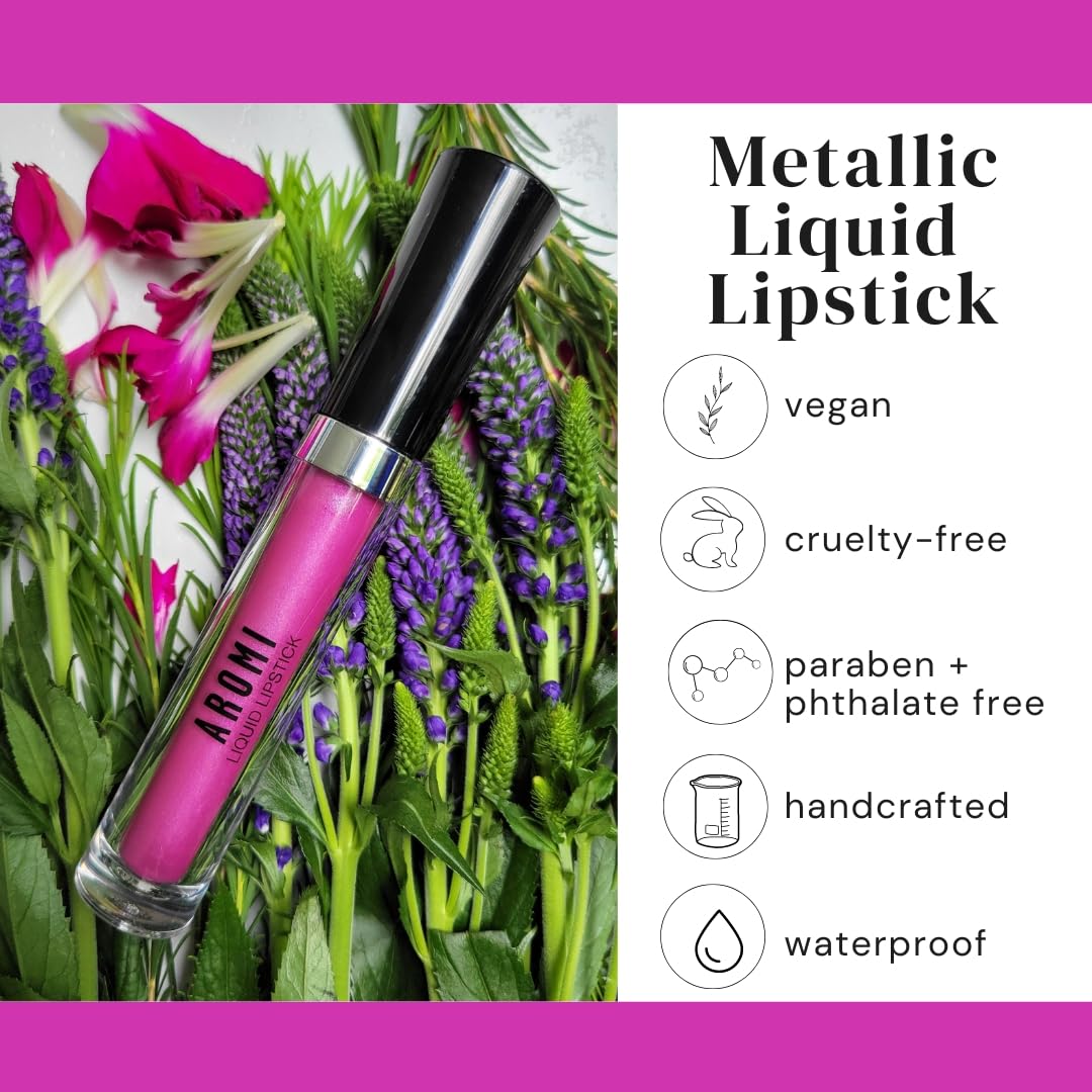 Aromi Metallic Liquid Lipstick | Long-lasting, Fuchsia, Pink Lip Color with Shimmery Finish, Waterproof, Vegan, Cruelty-free, Gluten Free (Moody Magenta)