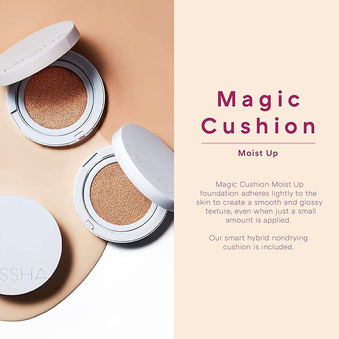 Missha Magic Cushion Moist Up No. 21 Light Beige for bright skin, Hydrating 3-in-1 Moisture Korean Cushion Foundation, Long-lasting, High Coverage, for All Skin Types