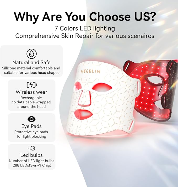 7 Colors Led Light Therapy Facial Mask, Face Light Therapy Mask for Face, Reduce Wrinkles Smooth Skin, Infrared Light Skin Rejuvenation