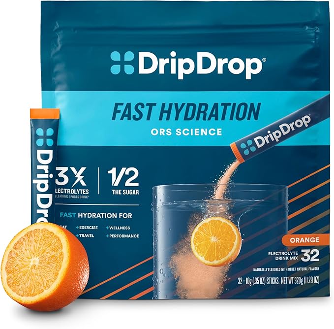 DripDrop Hydration Packets - Orange - Single Serve Electrolytes Powder Drink Mix - Non-GMO, Gluten Free, Vegan - 32 Sticks