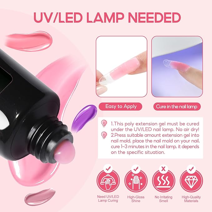 COSCELIA Poly Nail Gel Kit Starter Kit with U V Lamp 3PC Coscelia Poly Extension Gel for Beginners Clear Pink White Nail Art Quick Building Gel Manicure Kits Gift for Women DIY at Home