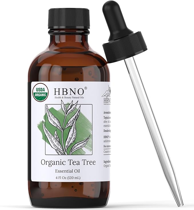 HBNO California Bottled Organic Tea Tree Oil for Skin & Hair - 4 fl oz (120ml) - USDA Certified Organic Tea Tree Oil for Aromatherapy