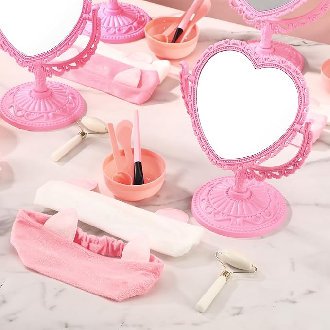 8 Set Spa Party Supplies for Girls Including 8 Heart Shaped Stand Mirrors 8 Jade Roller for Face 8 Face Brushes Kit 8 Face Mask Mixing Bowl 8 Headband for Sleepover Birthday Party Favors