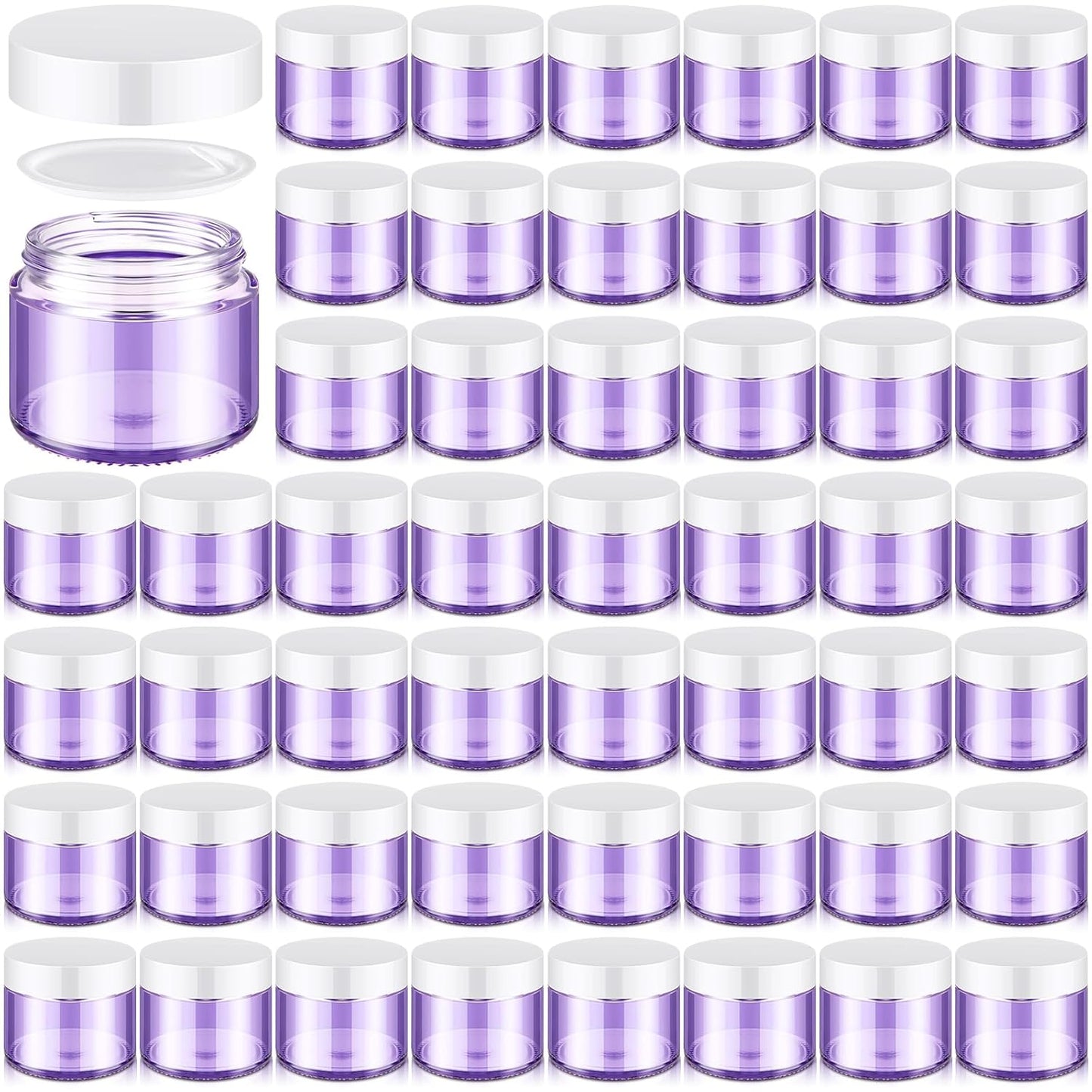 Domensi 48 Pcs 2 oz Glass Jars with Lids Travel Size Round Leakproof Empty Cosmetic Jars with Inner Liners Lid for Storing Makeup Lotions Face Cream Ointments Candle DIY Making (Light Purple)