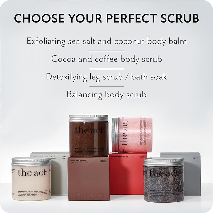 THE ACT Coffee Body Scrub with Salt & Cocoa – Exfoliating Scrub for Cellulite, Stretch Marks, Ingrown Hair – Organic Moisturizing Body Scrub with Vitamin E & Menthol – Gift for Women & Men, 10.58 Oz