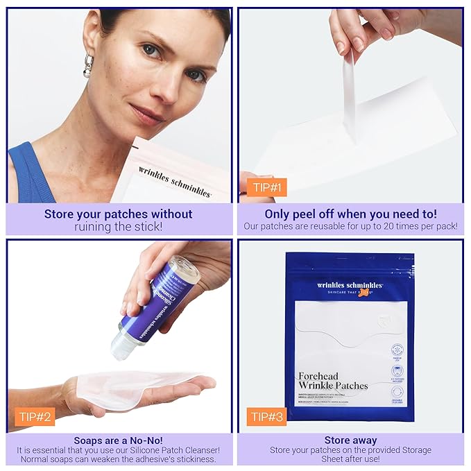 Wrinkles Schminkles Forehead Wrinkle Patches, 2-Pack, Reusable Hypoallergenic Silicone Smoothing Pads + Silicone Patch Cleanser 2 oz, Clean Silicone Patches Without Breaking Down The Adhesive