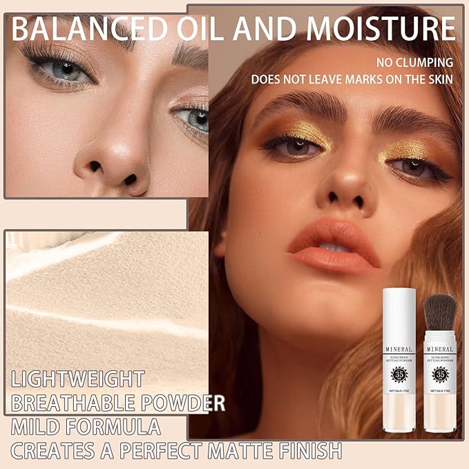 Mineral Sunscreen Setting Powder, SPF 35 Translucent Loose Powder, Mineral Brush Powder, Oil Control Natural Matte Finish, Lasting Lightweight Breathable for All Skin (#02 Fair)