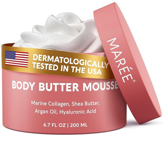 MAREE Moisturizer Body Butter Mousse - Whipped Body Butter for Women Smell Good - Facial Moisturizer for Dry Skin - Face Hand Body Cream for Women & Men with Marine Collagen, Shea Butter & Argan Oil