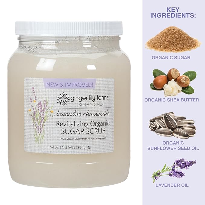 Ginger Lily Farms Botanicals Revitalizing Organic Sugar Scrub, All-Natural Skin Exfoliating Sugar Crystals, 100% Vegan & Cruelty-Free, Lavender Chamomile, 64 oz.