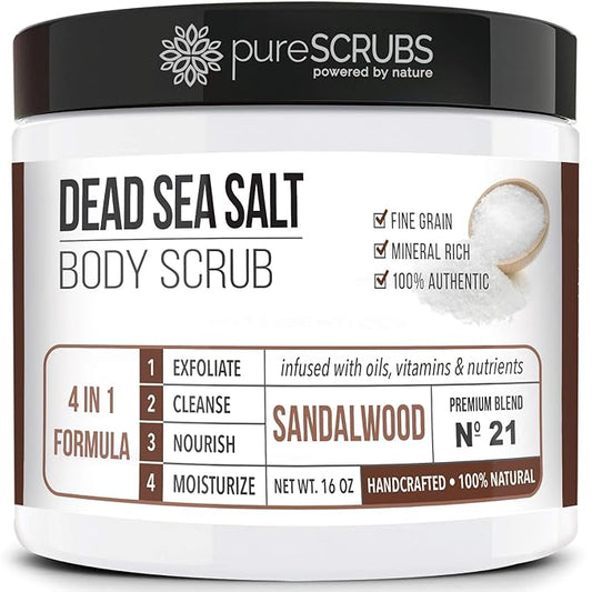 pureSCRUBS Premium Sandalwood Body Scrub Set - Large 16oz Dead Sea Salt Body Scrub With Infused Essential Oils & Nutrients, Includes Wooden Spoon, Loofah & Oatmeal Exfoliating Bar Soap