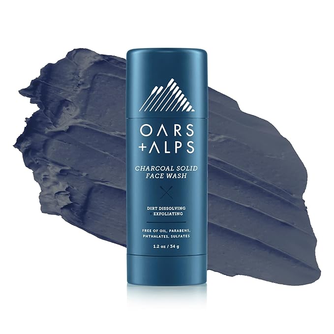 Oars + Alps Exfoliating Face Wash Stick, 2-in-1 Facial Cleanser & Exfoliant with Activated Charcoal, Alpine Moss, Dermatologist Tested, Spill Free, Travel Size, 1.2 Oz
