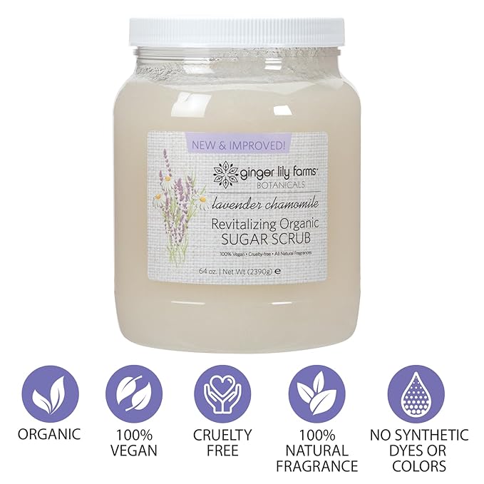 Ginger Lily Farms Botanicals Revitalizing Organic Sugar Scrub, All-Natural Skin Exfoliating Sugar Crystals, 100% Vegan & Cruelty-Free, Lavender Chamomile, 64 oz.