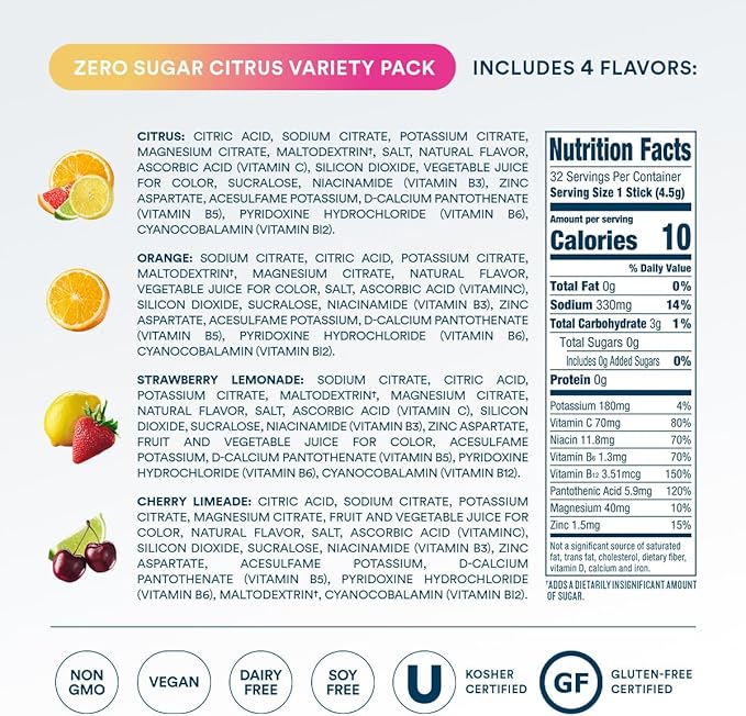 DripDrop Sugar Free Hydration Packets - Zero Citrus Variety Pack - Single Serve Electrolytes Powder Drink Mix - Cherry Limeade, Citrus, Orange, Strawberry Lemonade - Non-GMO, Gluten Free - 32 Sticks