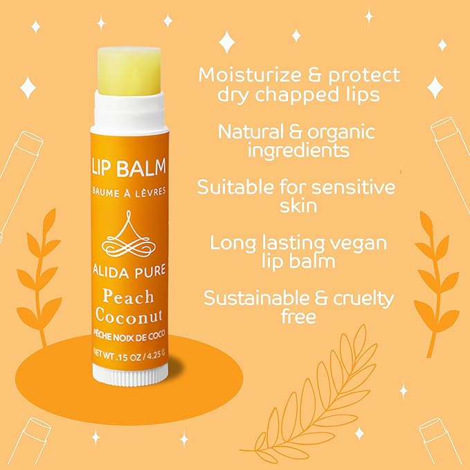 Peach Coconut Lip Balm Collection, Vegan Lip Balm Set, Lip Balm, Beeswax Free, with Avocado Oil, Organic Jojoba Oil, and Vitamin E, Natural Moisturizer for Dry, Chapped Lips, 3 Tube Set