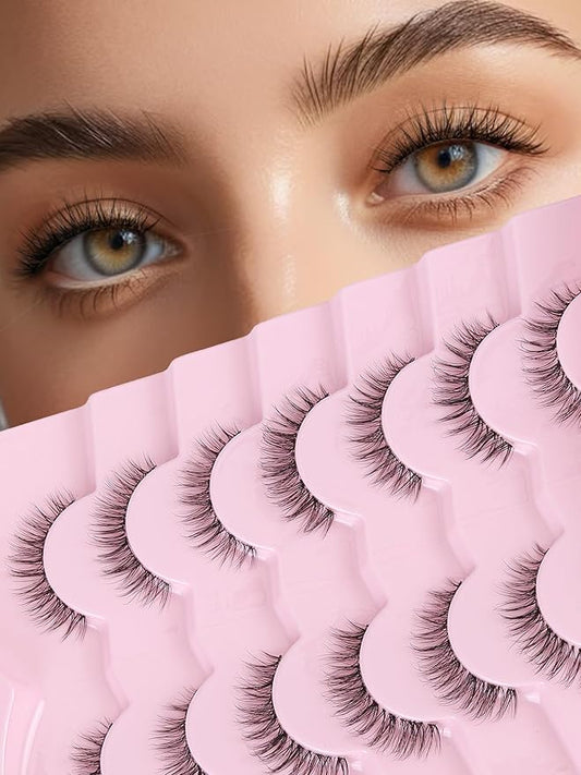 Natural Lashes False 11mm Short Eyelashes Wispy C Curl Eye Lashes Pack with Thin Cotton Band Fake Eyelash 3D Volume For Daily Siligli Lash 7 Pair