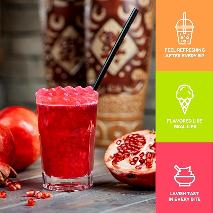 Fanale Pomegranate Popping Boba Pearls, Vegan, Non GMO, Gluten Free, Fat Free, Perfect for Bubble Tea, Smoothies, Ice Cream, Desserts, and Beverages.