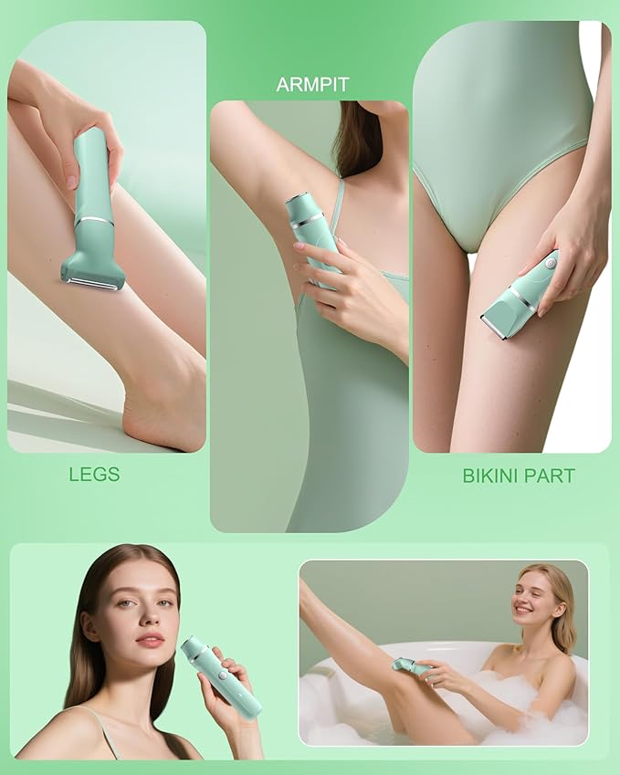 Bikini Trimmer for Women - 3 in 1 IPX7 Waterproof Electric Razors for Women,Body Pubic Hair Electric Shaver for Womens & Facial Hair Remover,Rechargeable Wet/Dry for Body,Underarm,Leg(Mint Green)
