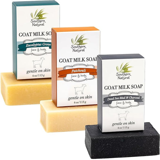 Southern Natural Goat Milk Soap Bar (Variety 3 Pack) Dead Sea Mud & Charcoal, Patchouli, Eucalyptus Grove - For Dry Sensitive Skin. Great For Face and Body.(Each Bar 4-4.5 oz)