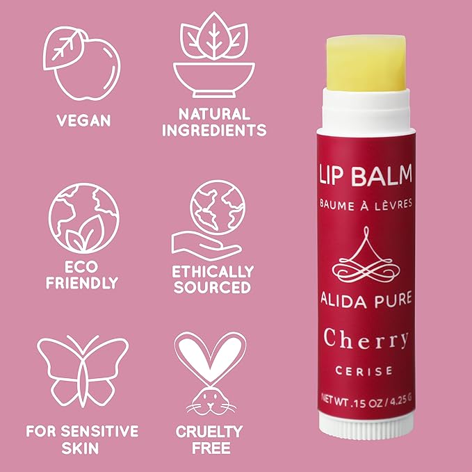 Cherry Lip Balm Collection, Vegan Lip Balm Set, Beeswax Free, with Avocado Oil, Organic Jojoba Oil, and Vitamin E, Natural Moisturizer for Dry, Chapped Lips, 3 Tube Set