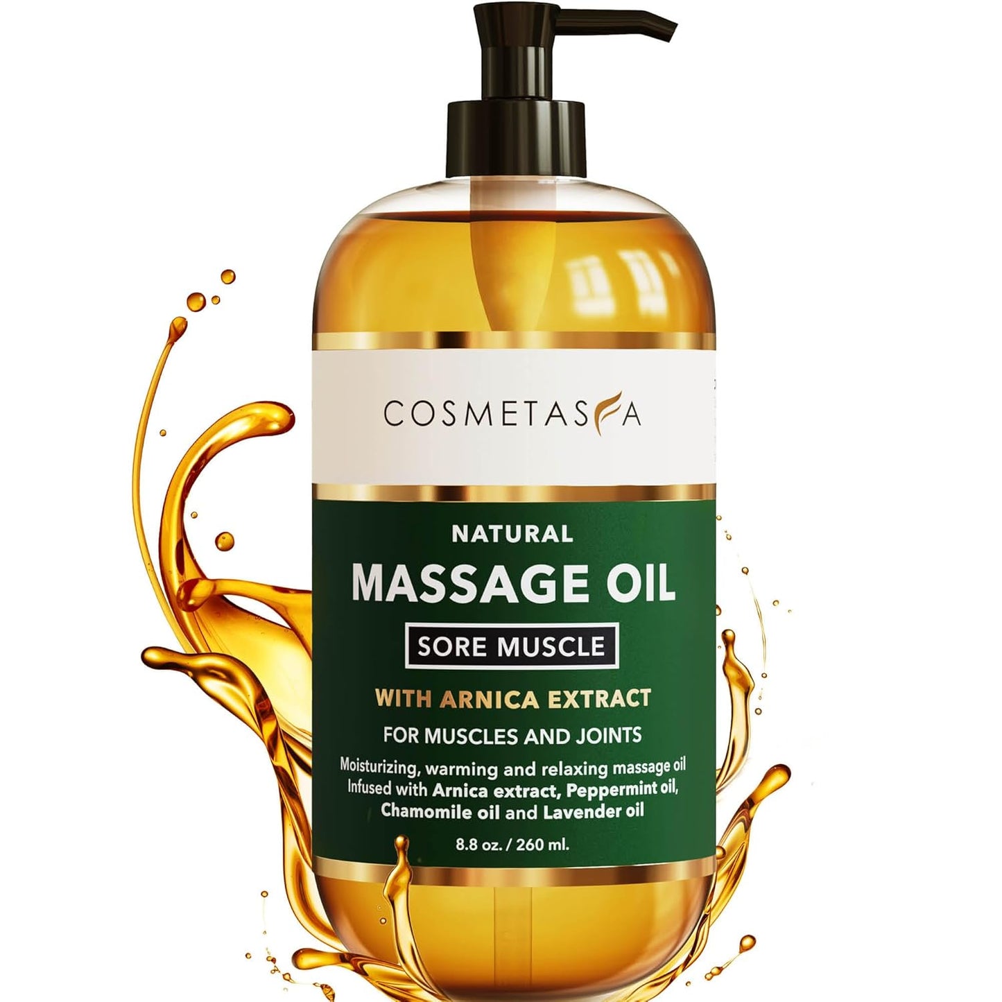 Cosmetasa Sore Muscle Massage Oil - 8.8 oz, Soothes Muscle and Joint with Arnica Extract, Peppermint, Chamomile, and Lavender Oil (8.8 oz, Sore Muscle)