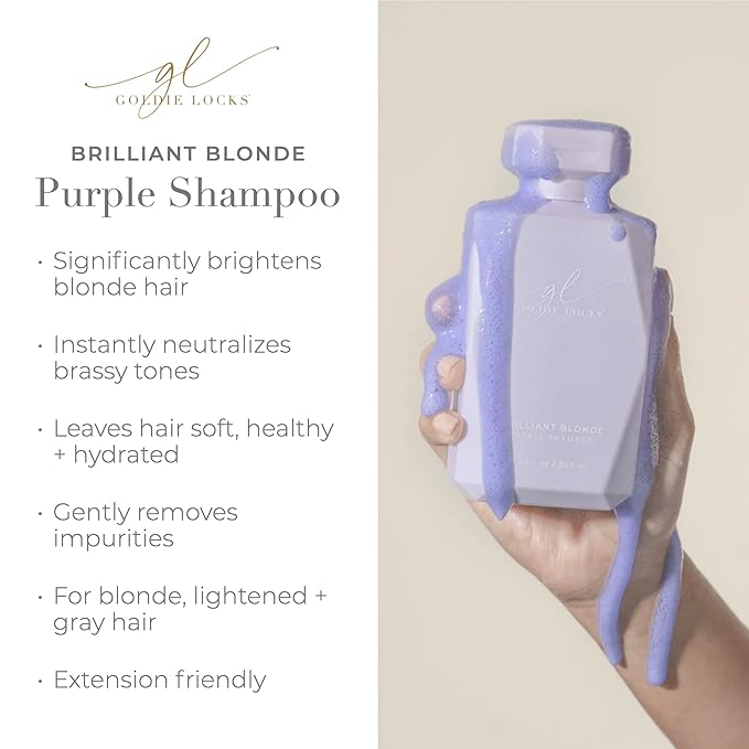 Goldie Locks Brilliant Blonde Purple Shampoo for Blonde, Lightened, Grey Hair & Extensions, Brightens, Tones, Eliminates Brass, Sulfate-Free, Nourishing, Moisturizing, Color Safe, 8.45 Fl Oz Bottle