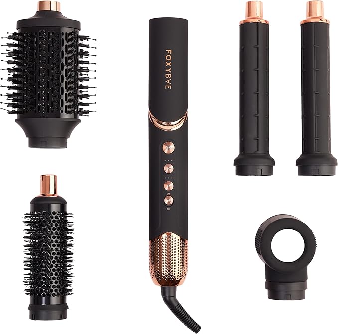 FoxyBae Super Styler Pro Interchangeable 5 in 1 Hair Styler Wand Curling Iron Set - w/Drying Cylinder, Ceramic Blowout & Round Brushes, 2 Auto-Wrap Curlers - Frizz-Free, Smooth Hair [Black Rose-Gold]
