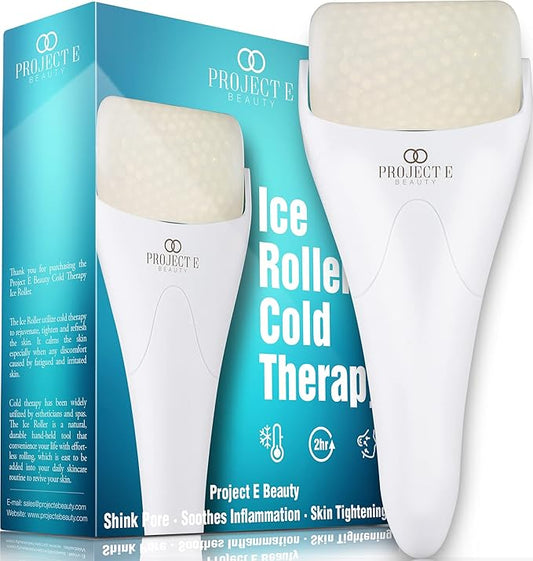 Ice Roller Cold Therapy by Project E Beauty | Reduce Under Eye Puffiness & Dark Circles | Tightens & Firms Skin | Diminish Wrinkles | Pain Relief | Muscle Soreness | Redness (Face & Body Roller)