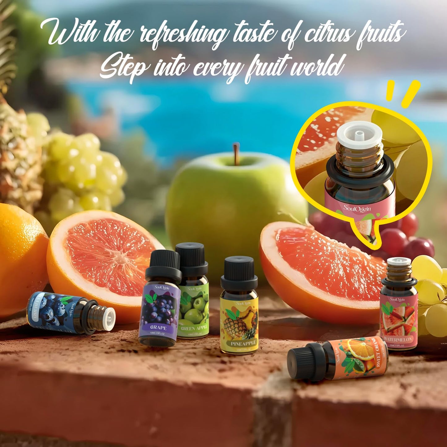 Fruit Essential Oils Set, Fragrance Oil Set for Diffuser, Scent Diffuser Oil for Candle Making- Pineapple, Sweet Orange, Grape, Green Apple, Blueberry, Watermelon
