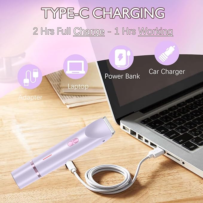 Bikini Trimmer for Women, 2 in 1 Dual-Head Electric Shaver for Women Pubic Hair, Waterproof Wet/Dry Use Body Hair Trimmer and Face Razors, Rechargeable Hair Removal for Bikini Legs Face Underarm Arm