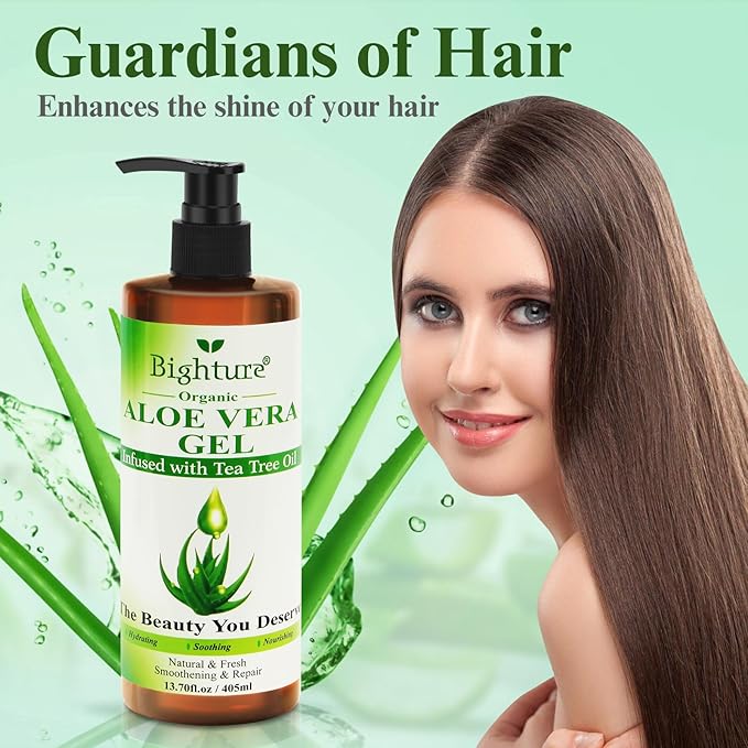 Aloe Vera Gel with Tea Tree Oil for Face, Skin, Hair, Sunburn relief, Organic Aloe Vera Gel from Freshly cut 100% Pure Aloe,13.7oz