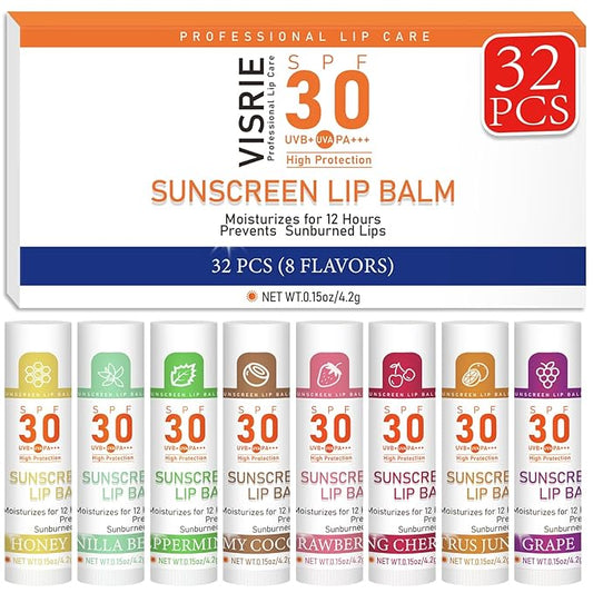 SPF 30 Lip Balm with Sunscreen, SPF Lip Balm Bulk Travel Size-32 Pack, Hydrating Lip Balm Pack with Vitamin E and Coconut Oil- 8 Flavors