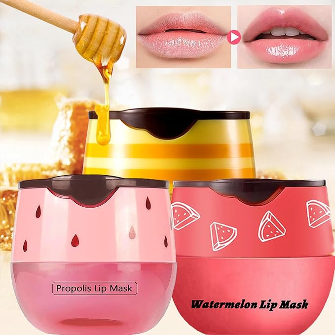 Bee Lip Balm Honey Pot,1Pcs Watermelon Lip Balm Moisturizing Lip Sleeping Mask Hydrating Prevention Dry & Cracked Lip Exfoliator Lip Wrinkle Lip Care Lip Mask Overnight Reduces Lip Line (Watermelon)