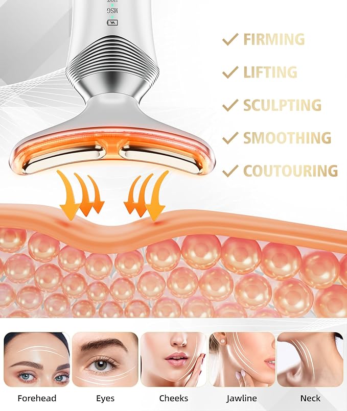 9-in-1 Red-Light-Therapy-for-Face-and-Neck, Portable Facial Massager Tool with Adjustable Vibration & Thermals for Wrinkles, Double Chin, White