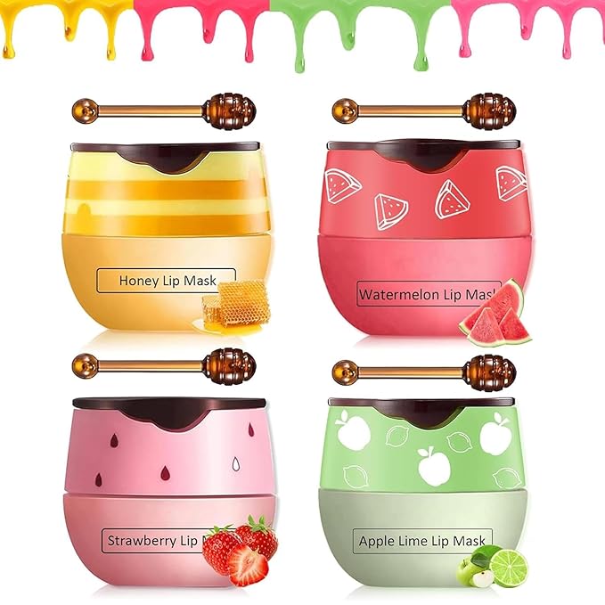 4 PCS Bee Lip Balm Honey Pot,Strawberry&Watermelon&Honey&Apple Lime Lip Mask Overnight Hydrating Prevention Dry and Cracked Lip Scrubs Exfoliator Lip Care, Lip Sleeping Mask Reduces Lip Lines