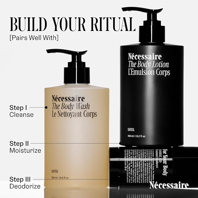 Nécessaire The Body Lotion with Pump. Santal. Multi-Peptide Firming Lotion to Moisturize, Firm, Strengthen. 2.5% Niacinamide, Vitamin C/E + Omega 6/9. 450ml / 15.2 fl oz