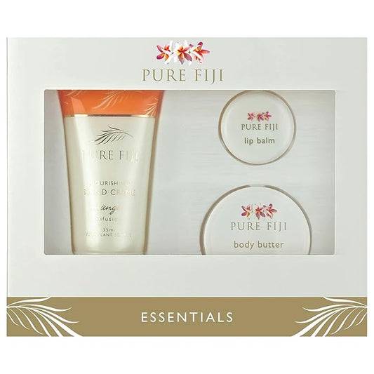 Pure Fiji Essentails Gift Set for Skin Care Hydrating Skincare Set Include - Lip Balm (0,16 Fl. Oz), Body Butter (0.50 Fl. Oz), Hand Crème(1.18 Fl. OZ) Daily Moisturizer Set - Mango