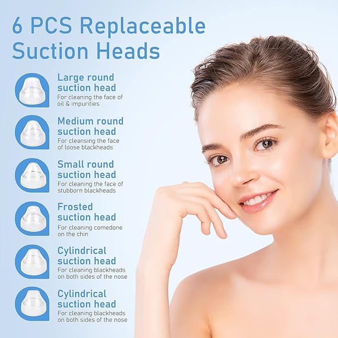 Facial Pore Blackhead Remover Vacuum, 1080P Camera Blackhead Remover, 20x Zoom, 8 LEDs ＆ 3 Suction Modes, 800mAh Battery & USB - 6 Heads Pore Cleaner Kit for Women&Men(Blue)