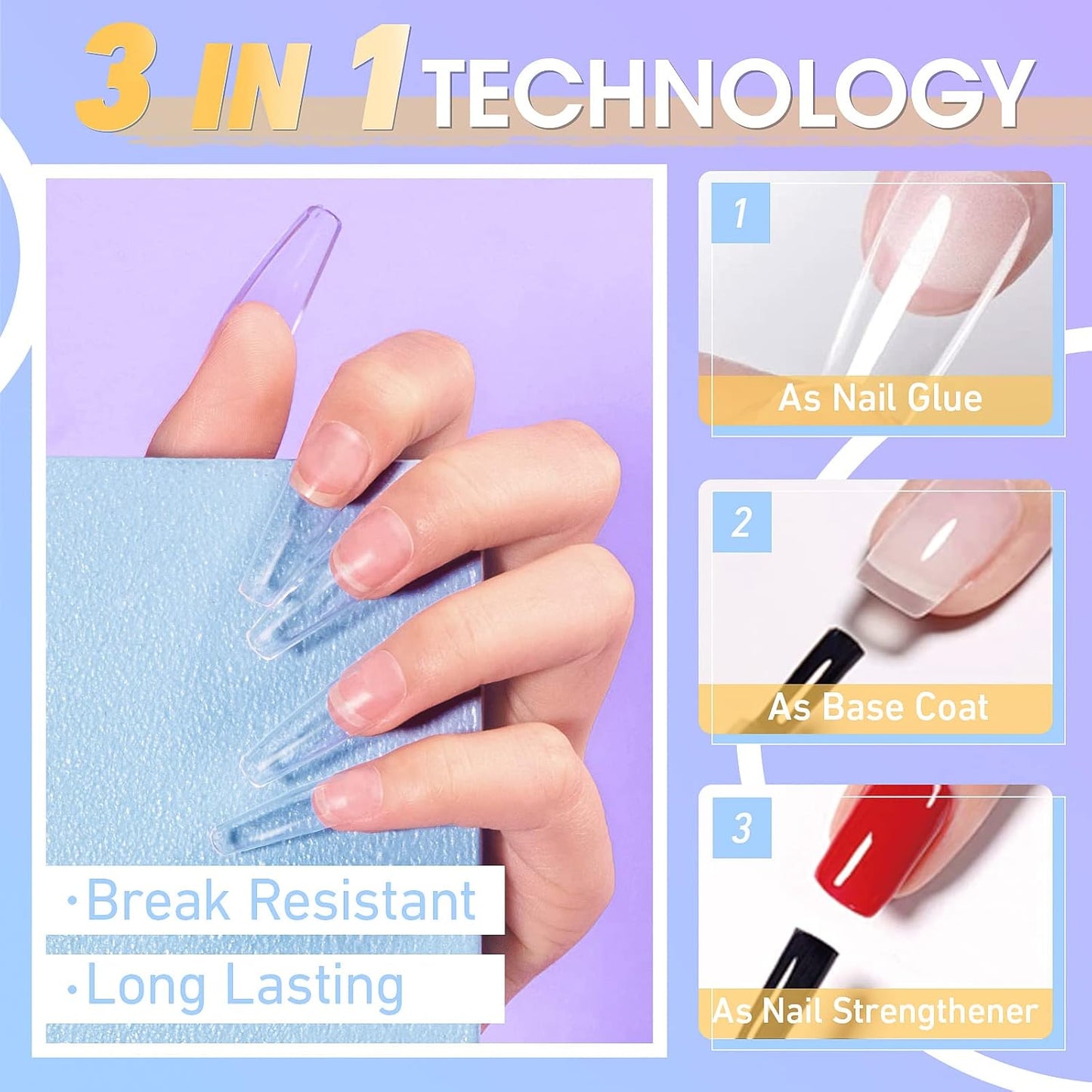 Gellen Nail Glue Gel, 2PCS 15ML 3 in 1 Gel Nail Glue for Acrylic Nail & Base Gel & Nail Strengthener Kit, Nail Glue for Press On Nails False Nails, Super Strong Gel Glue for Nail Extension