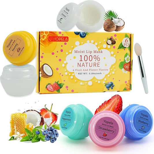 6 Pack Cute Lip Mask Sleeping Overnight for Dry Lips with Coconut Oil and Beeswax -Smoothing Hydrating Softening Plumoing Moisturizing with Small Lip Brush 6 Flavors 0.18 oz